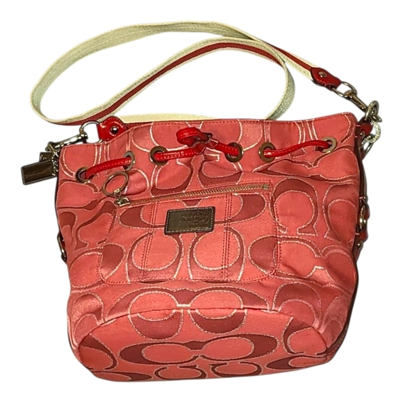 Coach Handbags - COACH Poppy Pink Metallic Glam Tote pull string bucket bag